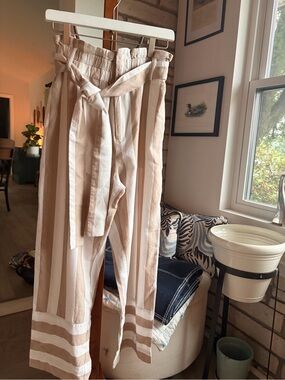 J.Crew Point Sur Paper-Bag Striped Wide Leg Pants Tan Ivory